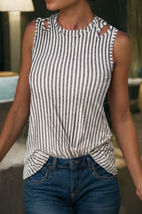 Women Stripe Print Cut-out Round Neck Tank Top | S-XL : Missy / S / As shown