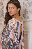 T2212 Overlap Open Back Contrast Band Detail Floral Top: S-M-L (2-2-2) / NAVY/LAVENDER