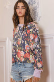 T2212 Overlap Open Back Contrast Band Detail Floral Top: S-M-L (2-2-2) / NAVY/LAVENDER