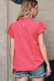 Women Flutter Sleeve Frilled Neck Textured Blouse | S-XL: Missy / Red / M