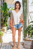 T2087 Oversized Spread Collared V-Neck Contrast Top: S-M-L (2-2-2) / CREAM/TAUPE/SALMON