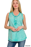 Washed Half Button Raw Edge Henley Top: ASH MOCHA-167020 / M