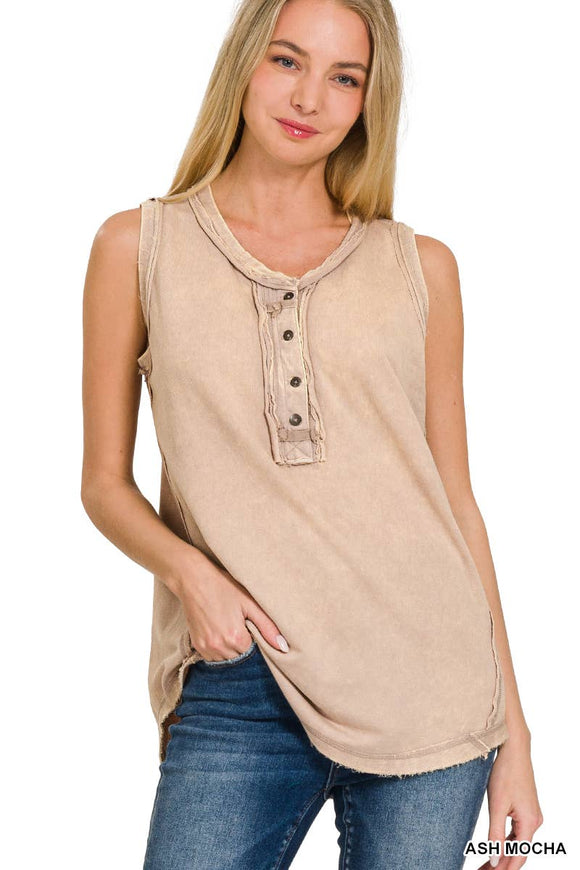 Washed Half Button Raw Edge Henley Top: ASH MOCHA-167020 / M