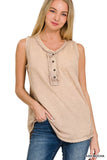 Washed Half Button Raw Edge Henley Top: ASH MOCHA-167020 / M