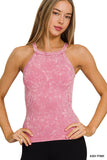 Washed Rib Seamless Cami Halter Neck Top: N CORAL FUCHSIA-164353 / S/M
