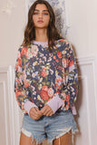 T2212 Overlap Open Back Contrast Band Detail Floral Top: S-M-L (2-2-2) / NAVY/LAVENDER