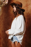 T1139-1 Solid Long Sleeves Round Hem Detailed Loose Fit Top: S-M-L (2-2-2) / White