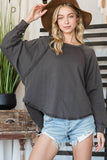 T1139-1 Solid Long Sleeves Round Hem Detailed Loose Fit Top: S-M-L (2-2-2) / White