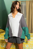 T2087 Oversized Spread Collared V-Neck Contrast Top: S-M-L (2-2-2) / CREAM/TAUPE/SALMON