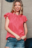 Women Flutter Sleeve Frilled Neck Textured Blouse | S-XL: Missy / Red / M