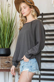 T1139-1 Solid Long Sleeves Round Hem Detailed Loose Fit Top: S-M-L (2-2-2) / White