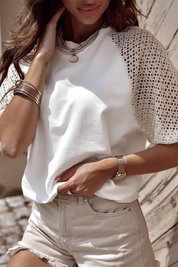 White Pointelle Sleeve Tee: M
