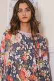 T2212 Overlap Open Back Contrast Band Detail Floral Top: S-M-L (2-2-2) / NAVY/LAVENDER