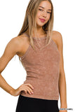Washed Rib Seamless Cami Halter Neck Top: N CORAL FUCHSIA-164353 / L/XL
