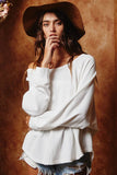T1139-1 Solid Long Sleeves Round Hem Detailed Loose Fit Top: S-M-L (2-2-2) / White