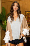 T2087 Oversized Spread Collared V-Neck Contrast Top: S-M-L (2-2-2) / CREAM/TAUPE/SALMON
