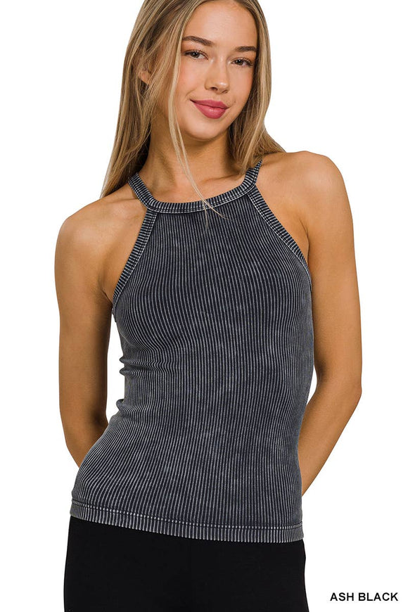 Washed Rib Seamless Cami Halter Neck Top: ASH BLACK-164340 / L/XL