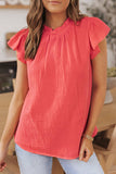 Women Flutter Sleeve Frilled Neck Textured Blouse | S-XL: Missy / Red / S