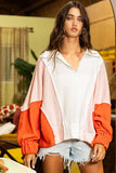 T2087 Oversized Spread Collared V-Neck Contrast Top: S-M-L (2-2-2) / CREAM/TAUPE/SALMON