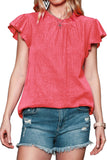 Women Flutter Sleeve Frilled Neck Textured Blouse | S-XL: Missy / Red / S