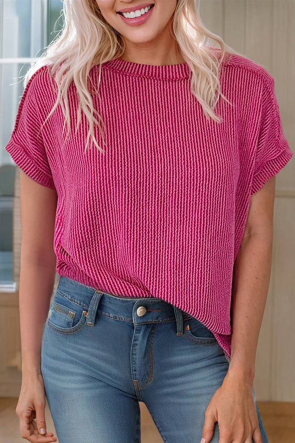 Women Textured Knit Exposed Stitching T-shirt | S-XL: Missy / S / Red