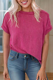 Women Textured Knit Exposed Stitching T-shirt | S-XL: Missy / S / Red