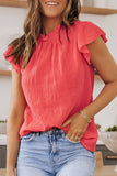 Women Flutter Sleeve Frilled Neck Textured Blouse | S-XL: Missy / Red / S