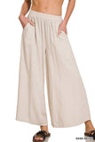WOVEN PLEATED LINEN BLEND WIDE LEG PANTS: DK BRUSH-167678 / M