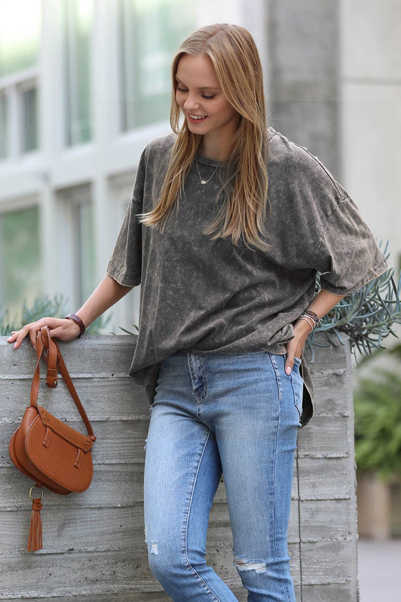 WASHED SHORT SLEEVE TOP: L / ASH BLACK-150456