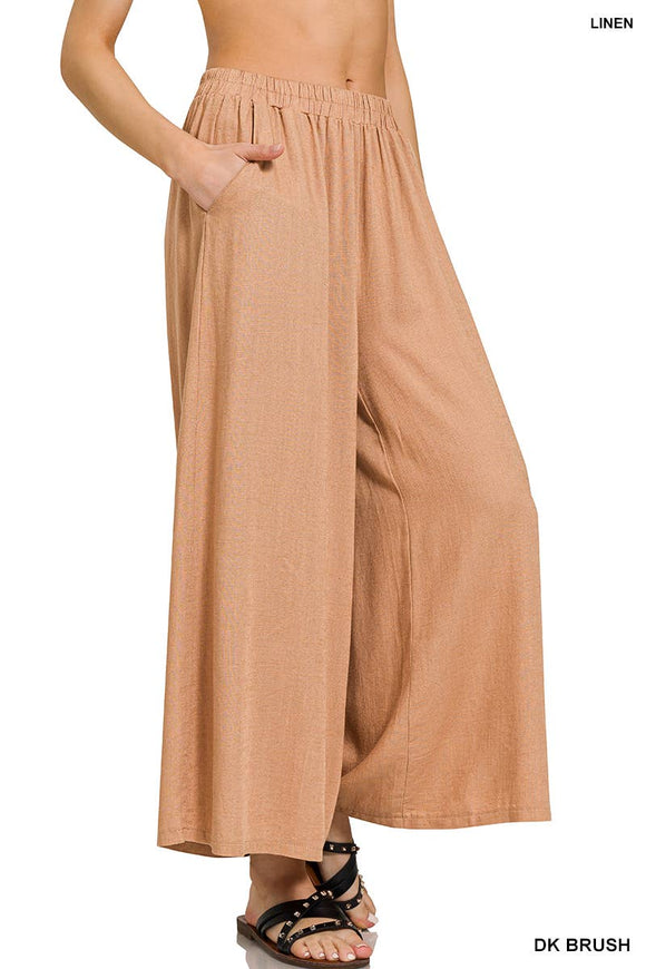 WOVEN PLEATED LINEN BLEND WIDE LEG PANTS: DK BRUSH-167678 / M