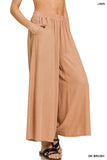 WOVEN PLEATED LINEN BLEND WIDE LEG PANTS: DK BRUSH-167678 / M