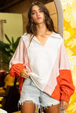 T2087 Oversized Spread Collared V-Neck Contrast Top: S-M-L (2-2-2) / CREAM/TAUPE/SALMON