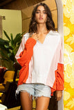 T2087 Oversized Spread Collared V-Neck Contrast Top: S-M-L (2-2-2) / CREAM/TAUPE/SALMON