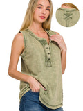 Washed Half Button Raw Edge Henley Top: ASH MOCHA-167020 / M