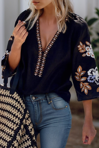 Women Bohemian Floral Embroidered V Neck Blouse | S-XL: Missy / As shown / S