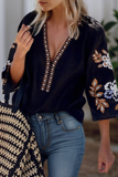 Women Bohemian Floral Embroidered V Neck Blouse | S-XL: Missy / As shown / S