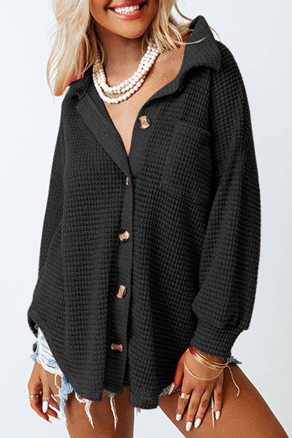 Waffle Knit Button Up Casual Shirt: Black / 95%Polyester+5%Elastane / M