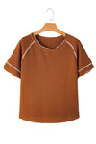 Women Casual Contrast Seam Frilly Waffle Knit Shirt | S-XL: Missy / As shown / S