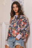 T2212 Overlap Open Back Contrast Band Detail Floral Top: S-M-L (2-2-2) / NAVY/LAVENDER