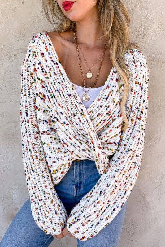 White Confetti Reversible Twist Sweater: White / 100%Polyester / L
