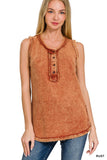 Washed Half Button Raw Edge Henley Top: ASH MOCHA-167020 / M