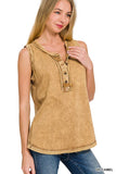 Washed Half Button Raw Edge Henley Top: ASH MOCHA-167020 / M