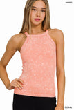 Washed Rib Seamless Cami Halter Neck Top: LT INDIGO-164350 / S/M