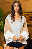 T2087 Oversized Spread Collared V-Neck Contrast Top: S-M-L (2-2-2) / CREAM/TAUPE/SALMON