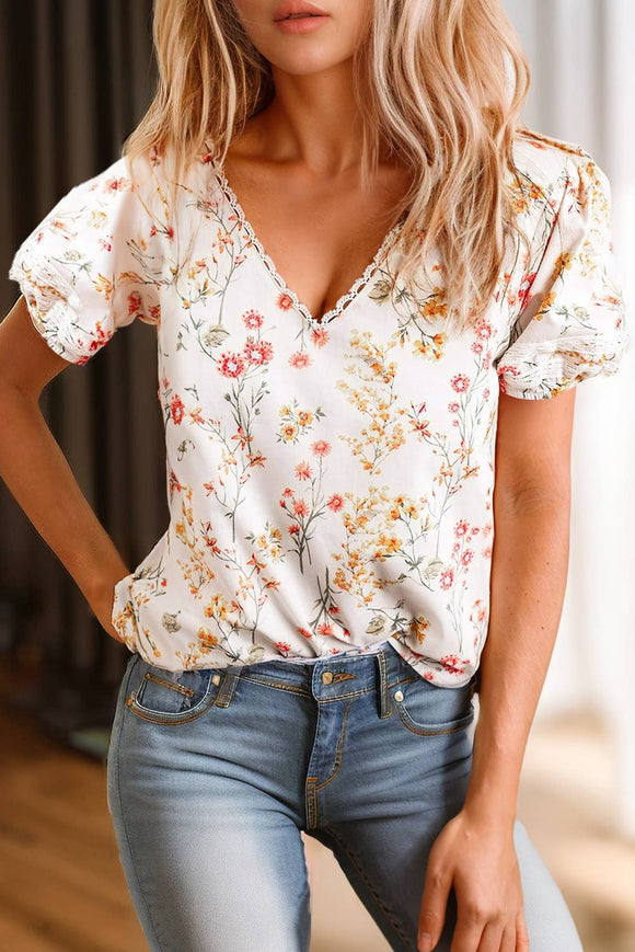 Women Floral Print Lace V Neck Short Sleeve Blouse | S-XL: Missy / As shown / M