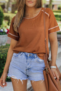 Women Casual Contrast Seam Frilly Waffle Knit Shirt | S-XL: Missy / As shown / XL