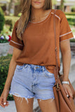 Women Casual Contrast Seam Frilly Waffle Knit Shirt | S-XL: Missy / As shown / XL