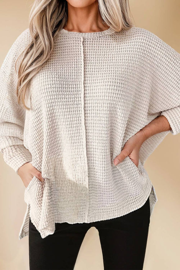 Waffle Knit Splits Batwing Long Sleeve Top | S-XL: As shown / Missy / XL