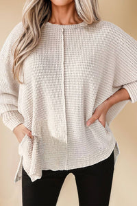 Waffle Knit Splits Batwing Long Sleeve Top | S-XL: As shown / Missy / S