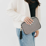 Woven Willow Camera Crossbody Bag: Checkered Brown